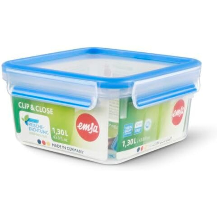 Набір контейнерів для зберігання продуктів EMSA Clip & Close, прямокутні, 5 x 0,8 л, коробки для зберігання, 100 герметичні, придатні для миття в посудомийній машині, морозильної камери та мікрохвильової печі, прозорі, сині, зроблені в Німеччині, N10307 (