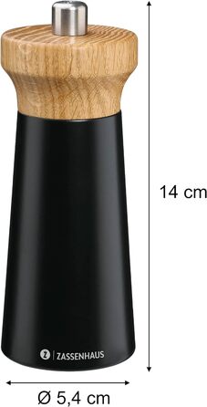 Чорна/букова деревина Головка млина з деревини дуба з плавним регулюванням високопродуктивної керамічної шліфувальної машини Млин для спецій для перцю 14 см, Ø 5,4 см Чорний/Дуб