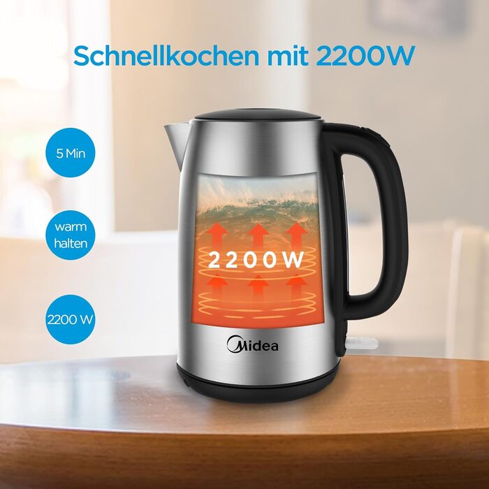 Чайник Midea из нержавеющей стали с настройкой температуры, 1,5 литра, 2200 Вт, чайник белый, чайник с индикацией температуры и функциями безопасности, без бисфенола А (без настройки температуры)