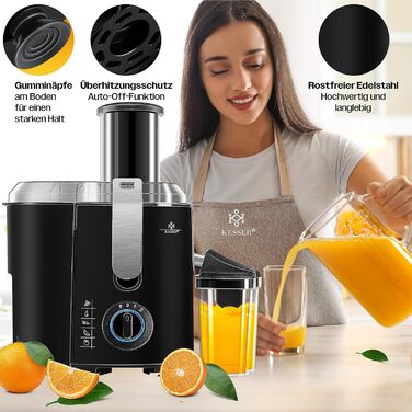 Соковижималка KESSER для фруктів та овочів з нержавіючої сталі 1100 Вт великий завантажувальний отвір 85 мм з щіткою для чищення та контейнером для соку 3 режими швидкості, соковижималка, сріблястий (чорний / сріблястий)