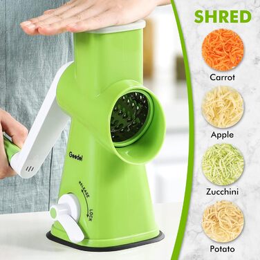 Терка для сиру, Ручна барабанна тертка з 3 знімними барабанними лезами, Овочерізка для швидкого різання, ідеально підходить як терка для картоплі, Терка для горіхів з рукояткою, Подрібнювач горіхів, Подрібнювач мигдалю (Зелений)