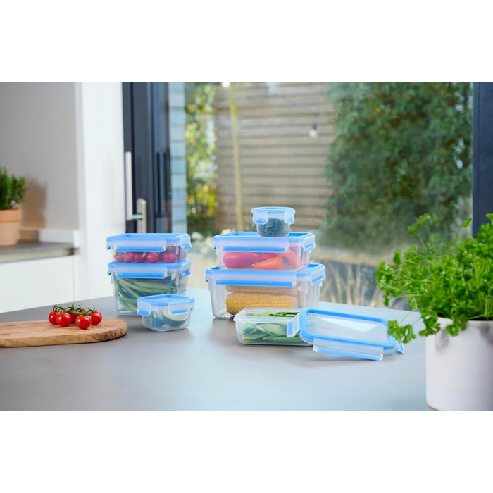 Набір контейнерів для зберігання харчових продуктів EMSA Clip & Close, прямокутні, 5 x 0,8 л, коробки для зберігання, 100 герметичні, придатні для миття в посудомийній машині, морозильної камери та мікрохвильової печі, прозорі, сині, зроблені в Німеччині,