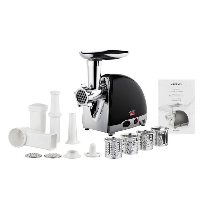 ARDESTO М'ясорубка, 1800Вт, продук.-2кг/хв, 3 решітки + для ковб., кеббе, 4 терки, пластик, чорно-сріблястий