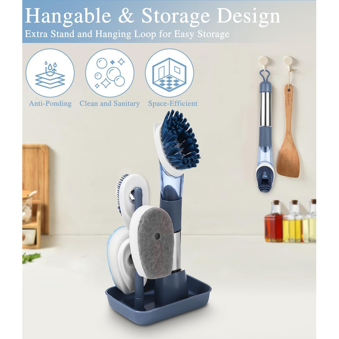 Щетка для посуды с дозатором для моющего средства с 4 сменными головками и держателем LEAZZLE