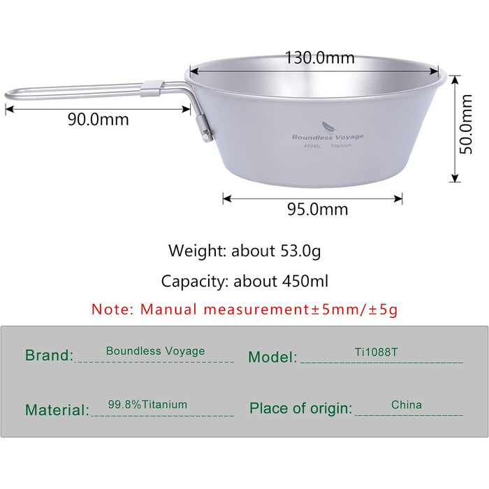 Титанова чаша для кемпінгу зі складною ручкою 450 мл iBasingo