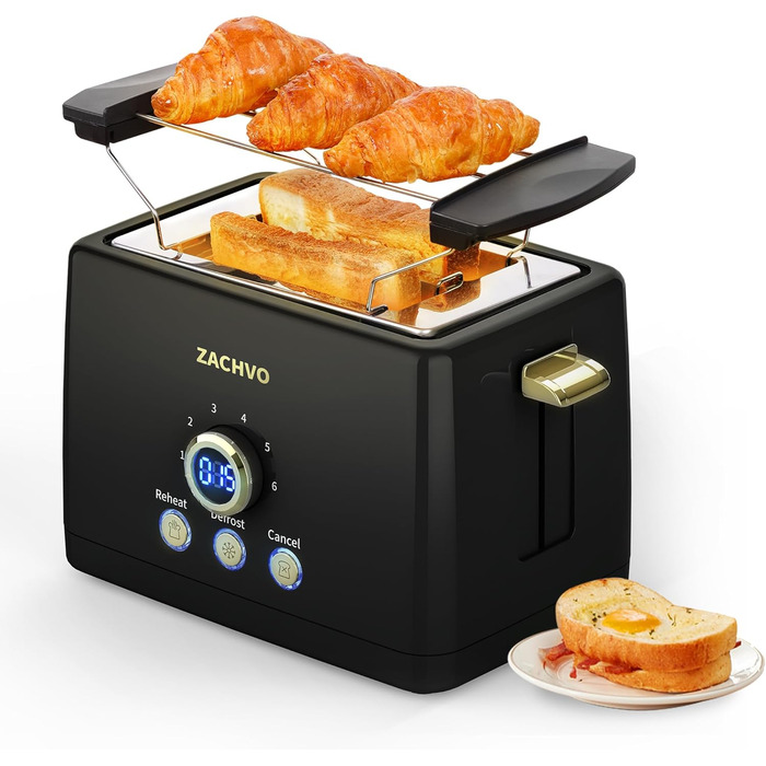 Тостер на 2 скибочки, тостер ZACHVO з підігрівом булочок, 6 рівнів підрум&39янювання, 850 Вт, знімний піддон для крихт, світлодіодний екран, високий підйом, розігрів, розморожування, функція скасування