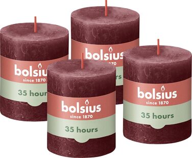Свічки Bolsius Rustic Pillar - Оливково-зелені - Набір з 4 шт. - Декоративні побутові свічки - Час горіння 60 годин - Без запаху - Натуральний рослинний віск - Без пальмової олії - Оливково-зелені (8 x 7 см, темно-червоні)