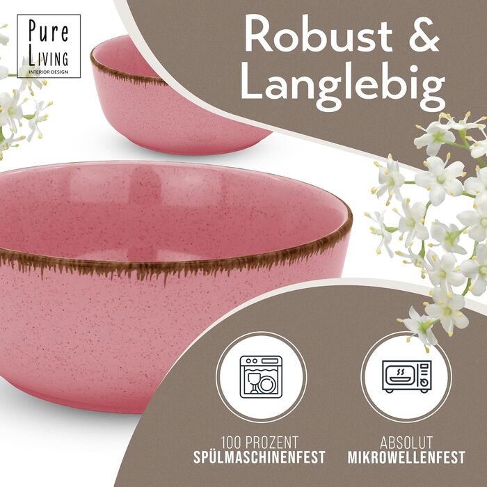 Набір посуду з керамограніту 6 персон Рустик 24 шт. - Набір посуду в сільському стилі, можна мити в посудомийній машині - Набір мисок і тарілок - Чистий живий посуд в (миски (6x), рожеві)