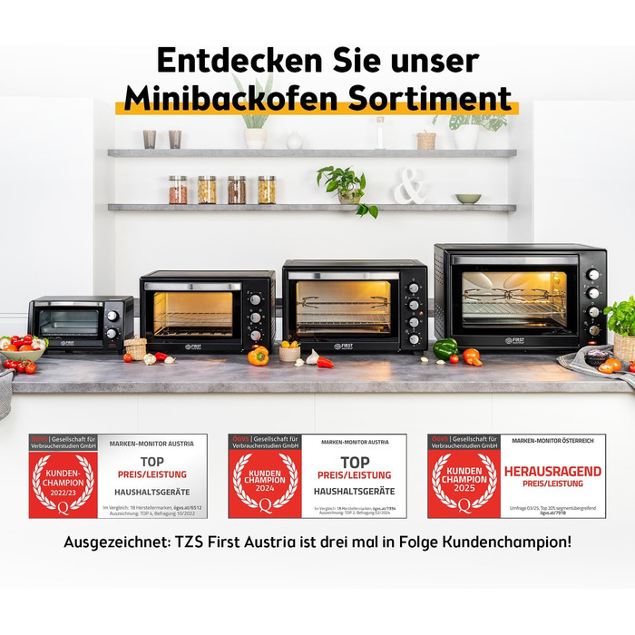 Міні-духівка 20 л 1380 Вт - Міні-духівка з плавним контролем температури до 230C - Міні-духівка з таймером на 60 хвилин, 3 рівнями висоти полиць, деком та решіткою для гриля - Для невеликих кухонь та кемпінгу