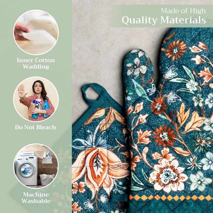 Рукавички для духовки, прихватки для каструль Maison d&39 Hermine, 100 бавовна, термостійкі кухонні рукавички, рукавички для духовки (19 x 33 см) та прихватки для каструль (20 x 20 см) для приготування їжі, Morzine - Рукавички для духовки (19 x 33 см) та 