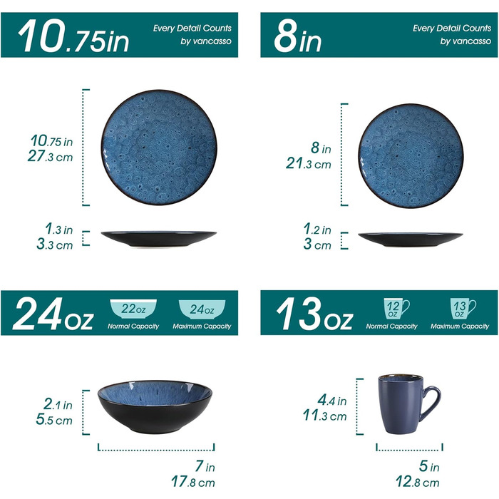 Столовий сервіз з керамограніту, комбінований сервіз vancasso з 32 предметів BUBBLE з фаянсу, набір посуду у вінтажному вигляді, включає миски з пластівцями, кавові чашки, десертні тарілки та обідні тарілки на 8 осіб (набір посуду з 48 предметів, синій)