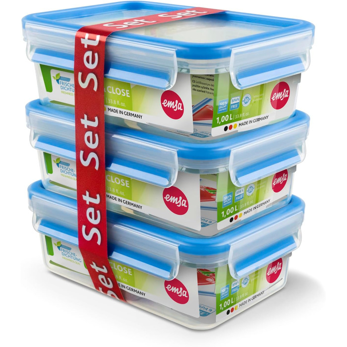Набір контейнерів для зберігання харчових продуктів EMSA Clip & Close, прямокутні, 5 x 0,8 л, коробки для зберігання, 100 герметичні, придатні для миття в посудомийній машині, морозильної камери та мікрохвильової печі, прозорі, сині, зроблені в Німеччині,