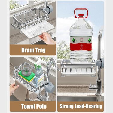 Органайзер для кухонного крана Baxnore з алюмінію, підвісна стійка для зливу крана з піддоном для крапель, тримач для губки для кухонної мийки, стійка для зливу кухні (чорний)