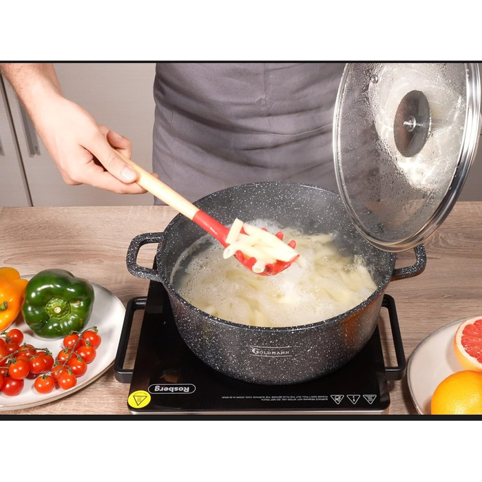 Каструля/горщик GOLDMANN з антипригарним покриттям та скляною кришкою, 6,5 л, мармурове керамічне покриття, для всіх варильних поверхонь, екологічно чиста (24 см)