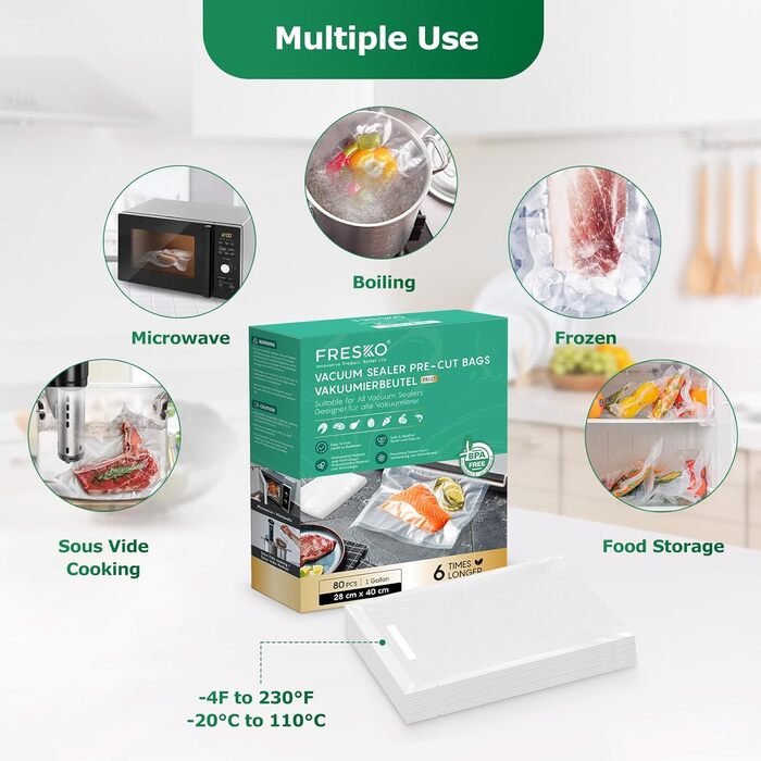 Вакуумні пакети FRESKO 15x25 см / 100 професійних фольгованих пакетів, для всіх вакуумних пакувальників, без BPA, тиснені повітряні канавки, дизайн упаковки, що виймається, пакети для заморожування методом су-від (28 x 40 см-80 г)