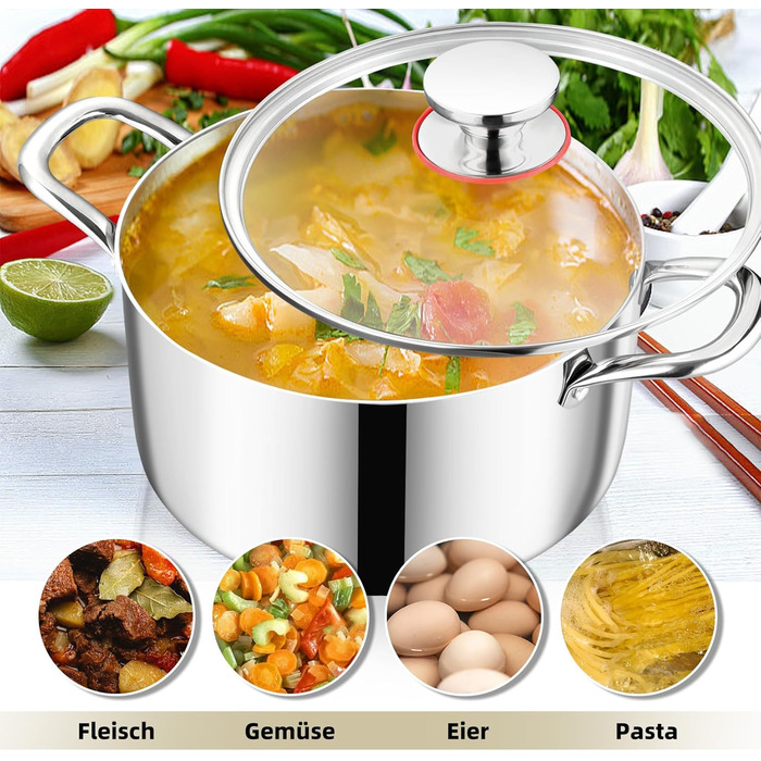 Каструля, Onader з тришарової нержавіючої сталі для індукції, каструля об&39ємом 3,3 л, каструля для пасти, каструля для супу зі скляною кришкою для всіх типів плит, здорова та придатна для миття в посудомийній машині - (1,22 см)