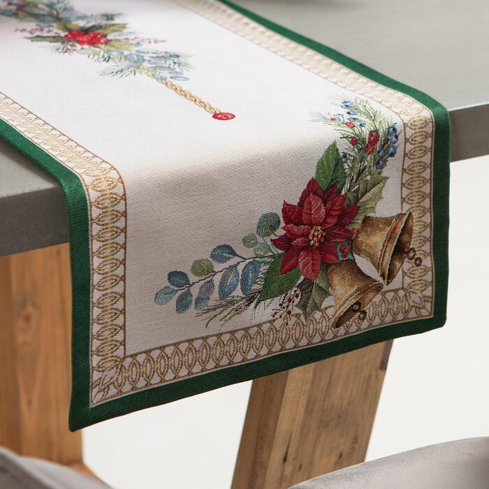 Різдвяна гобеленова скатертина Home of Christmas Скатертина на Різдво та Новий рік (Дзвіночок - Зелений (Без блискіток), Доріжка 40x100 см)