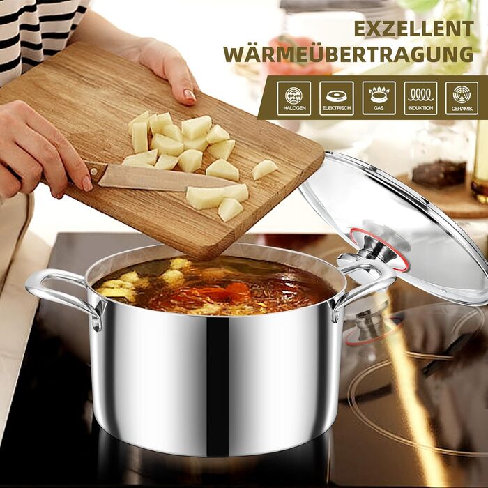 Каструля, Onader з тришарової нержавіючої сталі для індукції, каструля об&39ємом 3,3 л, каструля для пасти, каструля для супу зі скляною кришкою для всіх типів плит, здорова та придатна для миття в посудомийній машині - (1,22 см)