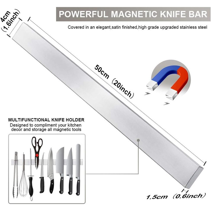 Магнітний тримач для ножів 50 см, нержавіюча сталь Ninonly