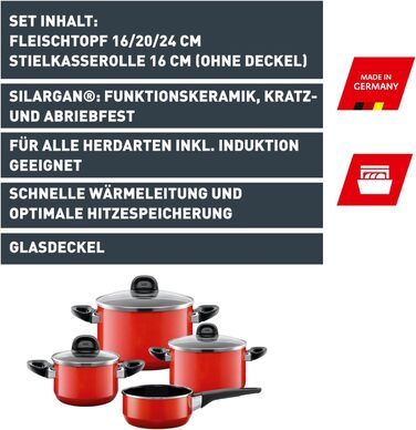 Набір посуду Silit Modesto для індукційних плит, 4 предмети, з кришками зі скла, кераміка Silargan, індукційний посуд без нікелю, підходить для всіх типів плит, вироблено в Німеччині, червоний колір