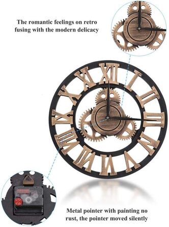 Великий круглий металевий настінний годинник у вінтажному стилі з безшумним нецокаючим годинником на батарейках 40 см, 16-дюймовий римський номер, годинники для вітальні, спальні, кухні, настінний годинник-прикраса (золота шестерня, 47 см)