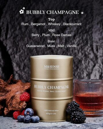 Ароматичні свічки M&SENSE з натурального соєвого воску, натуральна соєва свічка для домашнього декору, тривалий час горіння до 70 годин, стильні подарунки-свічки для чоловіків і жінок (600 г, ігристе шампанське)
