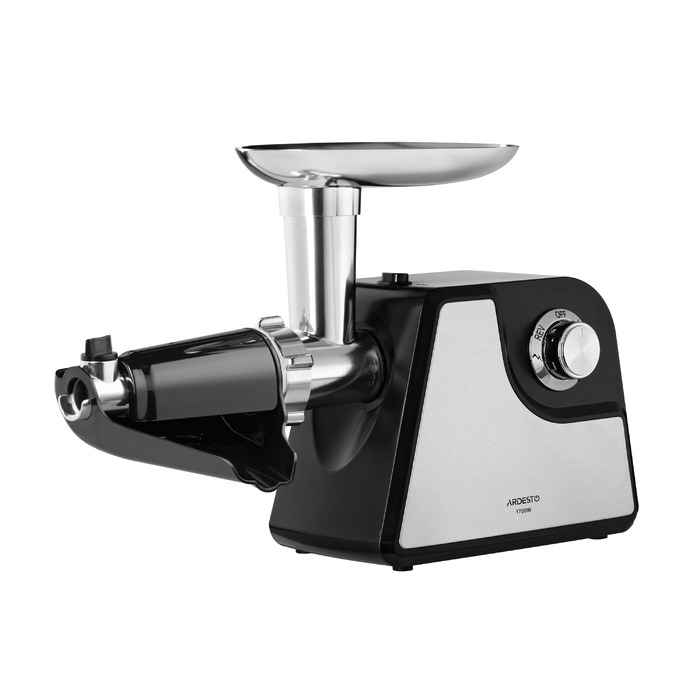 ARDESTO М'ясорубка, 1700Вт, продук.-1.6кг/хв, 2 решітки + для ковб., кеббе, насадка для томатів, пластик+метал, чорно-сріблястий