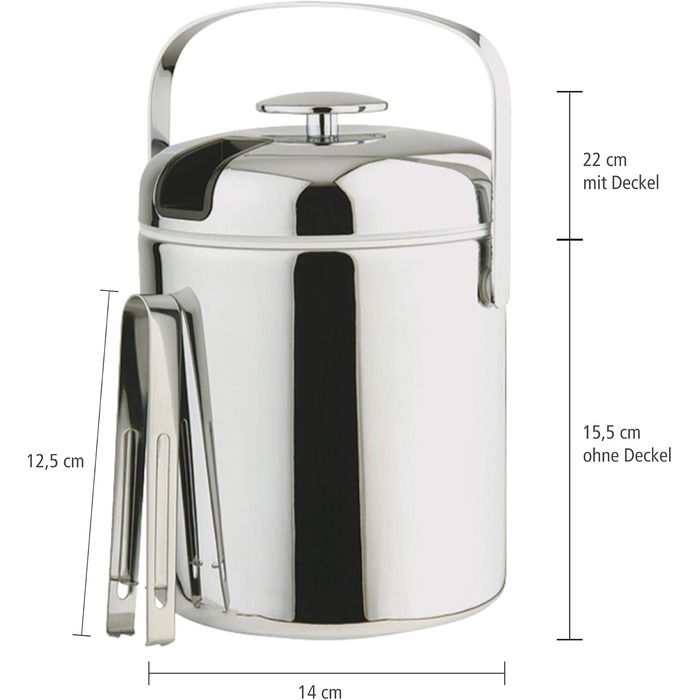 Професійне відерце для льоду 1,3 л з нержавіючої сталі з кришкою, щипцями для льоду та піддоном для крапель Buddy´s Bar