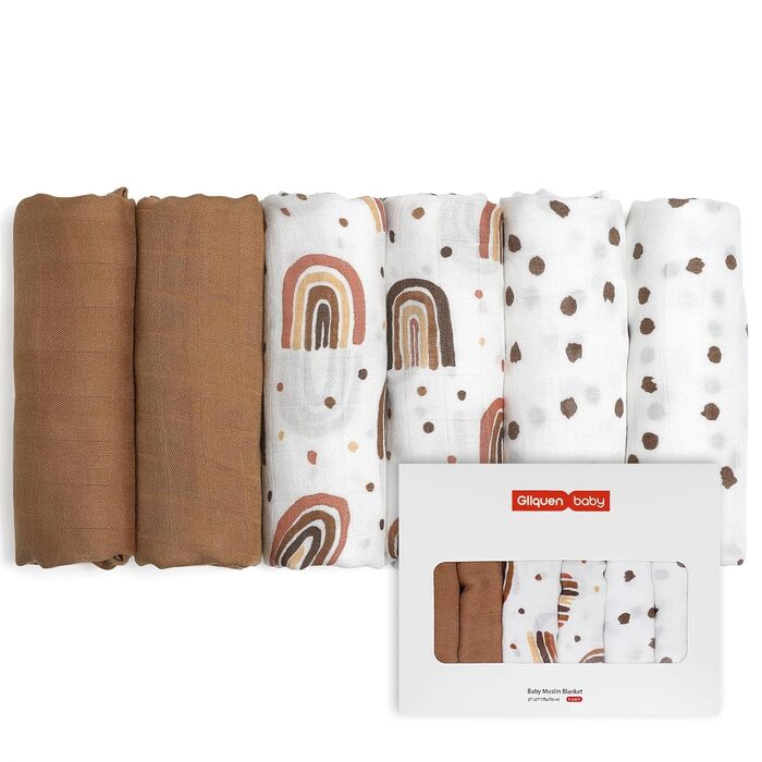 Муслінові серветки GLLQUEN для немовлят, 6 шт. бавовняних серветок для відрижки, 70 см x 70 см, абсорбуючі та дихаючі, ідеально підходять для очищення, витирання та покриття новонароджених (райдужні, 6 шт.)