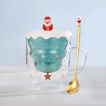 Милий різдвяний подарунок у вигляді кухля Syfunlv, різдвяні скляні чашки з подвійними стінками, кришкою та ложкою, чашка для еспресо, різдвяна чашка Грінча, склянки для чаю, чашка для молока, кавові чашки у формі ялинки (стиль 4)