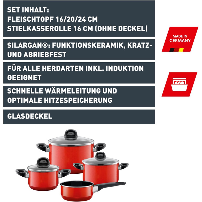 Набір посуду Silit Modesto для індукційних плит, 4 предмети, з кришками зі скла, кераміка Silargan, індукційний посуд без нікелю, підходить для всіх типів плит, вироблено в Німеччині, червоний колір