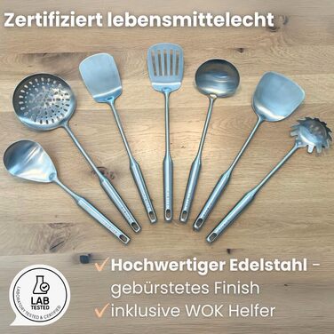 Набір кухонного начиння KIMIJO з 7 предметів з нержавіючої сталі - Високоякісне кухонне начиння для воку та кухні - Ложка для сервірування, шумівка, лопатка, ложка для перевертання риби, ополоник, ложка для спагетті та ложка для перевертання воку