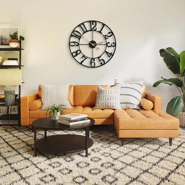 Великий круглий металевий настінний годинник у вінтажному стилі з безшумним нецокаючим годинником на батарейках 40 см, 16-дюймові римські цифри, годинники для вітальні, спальні, кухні, настінний годинник-прикраса (чорні арабські цифри, 60 см)