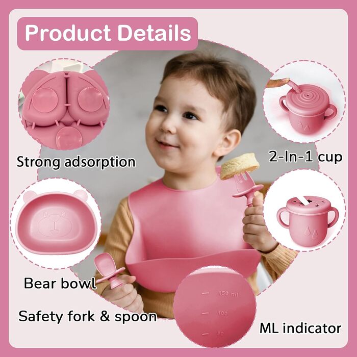 Силіконовий набір дитячого столового посуду Bizcasa з 9 предметів, нековзкий набір дитячого столового посуду, дитячий столовий посуд із присоскою, нековзна дитяча миска, дитяча тарілка, дитячий набір столових приладів для малюків, без бісфенолу А (темно-р