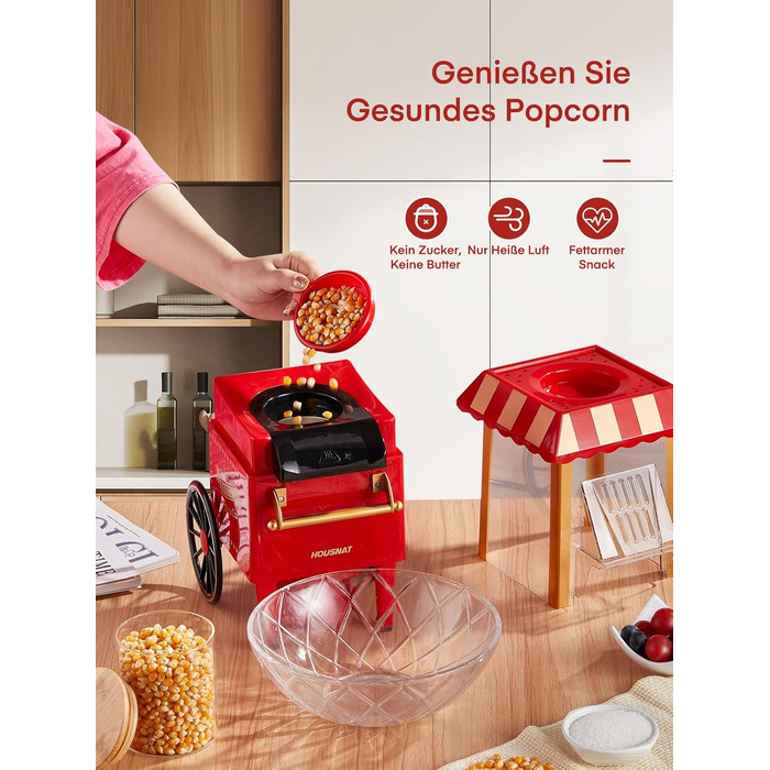 Машина для попкорну 3,5 л у вигляді візка, 1200 Вт, червона HOUSNAT