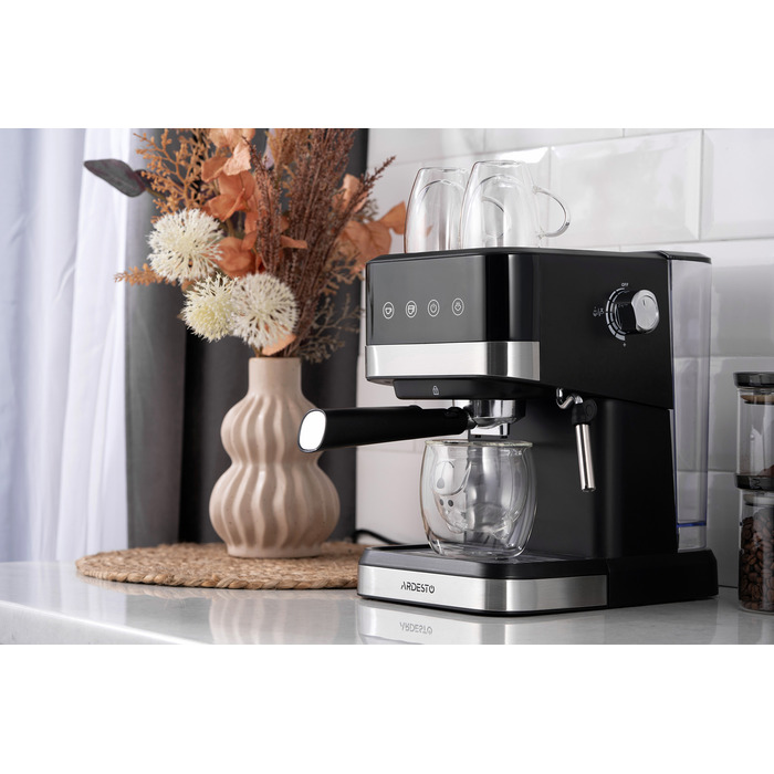ARDESTO Кофеварка рожковая 1.5л, молотая, ручной капучинатор, сенсорное управление, черно-серебристый