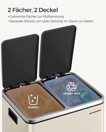 Кухонний контейнер для сміття SONGMICS, 2 x 15 літрів, система розділення сміття, 2 відділення, включаючи 15 мішків для сміття, відро для сміття, відро для сміття з педалями, перероблені відходи, органічні відходи, кришка з мяким закриттям, LTB30BK (пісоч