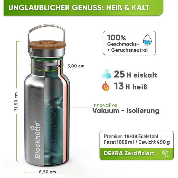 Пляшка ізольована 1 л, нержавіюча сталь,  із щіткою Blockhütte