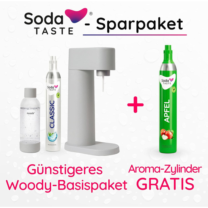 Набір для газування води, 4 предмети, класик + яблуко, сірий Mysoda Woody SodaTASTE