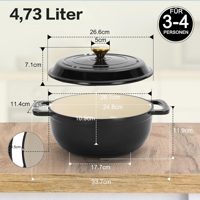 Чавунна жаровня 4,7 л з кришкою 26 см, чорна LEADZM