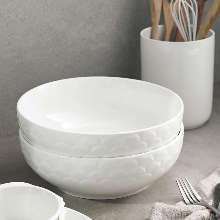 Большие сервировочные миски DOWAN 24,1 см, сервировочная миска для пасты с белым салатом, набор фарфоровых мисок для смешивания, прочные и штабелируемые, набор из 2 шт. , 2,5 QT