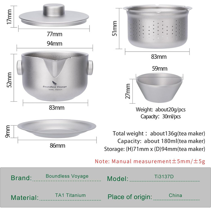 Безмежна подорож Титанова двошарова чайниця з кришкою з фільтром Ультралегкий чайник Кавова чашка проти опіків Посуд для напоїв для кемпінгу Туристичний офіс (Ti3137D-чайник 3 чашки)