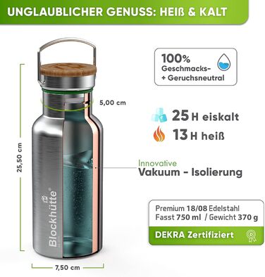 Ізольована пляшка для пиття преміум-класу з нержавіючої сталі 1л з натуральною щетиною Герметична ізольована пляшка Ізольована пляшка для університету, офісу, яку можна мити в посудомийній машині Без BPA (750 мл)
