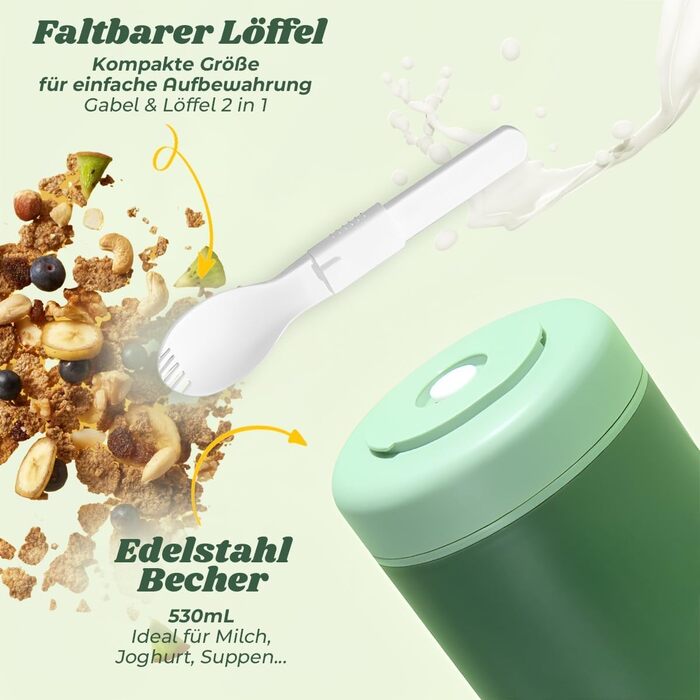 Стаканчик для пластівців 860 мл із складаною ложкою, зелений NEXROLA