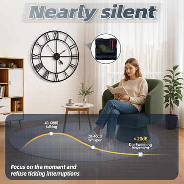 Великий круглий металевий настінний годинник у вінтажному стилі, безшумний, не цокаючий, працює від батареї, 40 см, 16 дюймів, римські цифри, годинники для вітальні, спальні, кухні, настінний годинник, прикраса (чорний, 80 см)