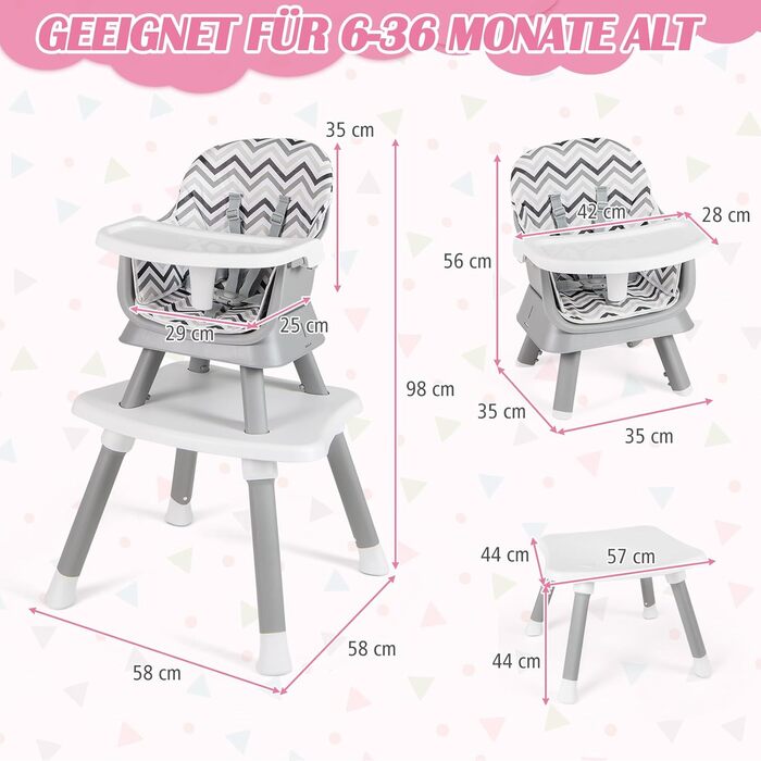Дитячий стільчик для годування 6-в-1 сірий-білий COSTWAY