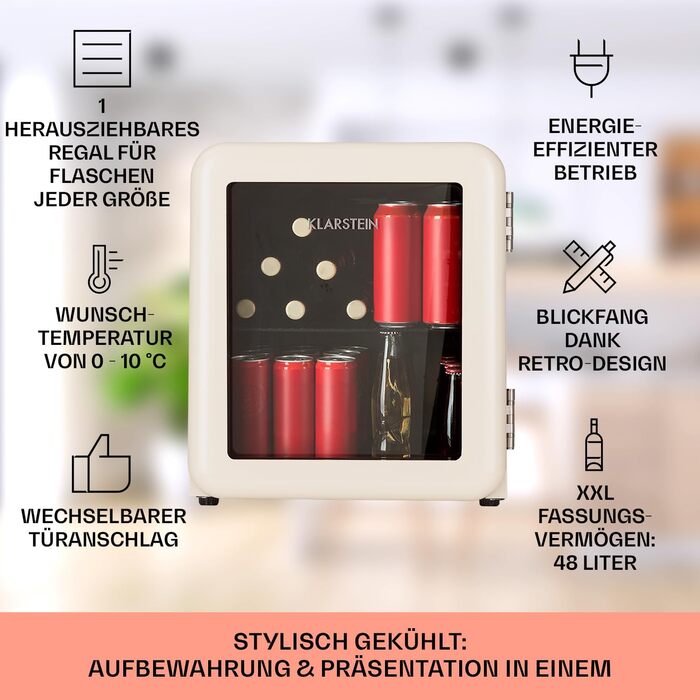 Міні-холодильник зі скляними дверцятами 48 л кремовий Klarstein