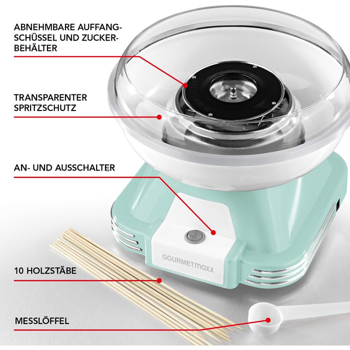 Апарат для виробництва цукрової вати GOURMETmaxx для дому з аксесуарами Ретро-апарат для виробництва цукрової вати Ностальгія з паличками для цукрової вати та мірною ложкою Цукрова вата для дитячих свят Білий (М&39ятний)