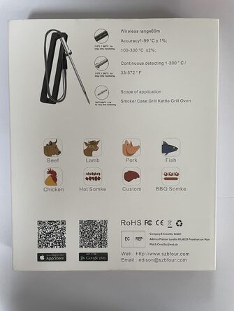 Метровий термометр для гриля Bluetooth, бездротовий термометр для м'яса з 4 зондами з нержавіючої сталі BFOUR