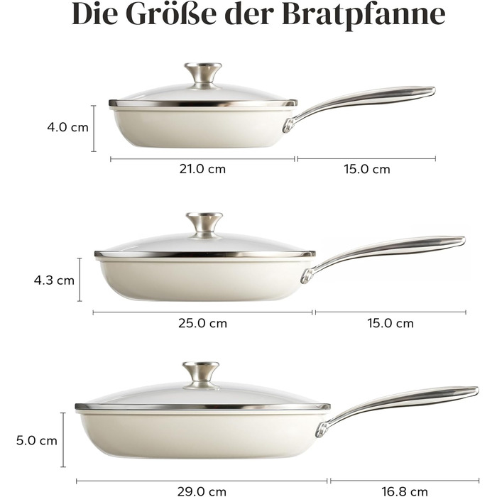 Набор индукционных сковородок со стеклянными крышками, 6 предметов 20, 24, 28 см, бежевый Redchef